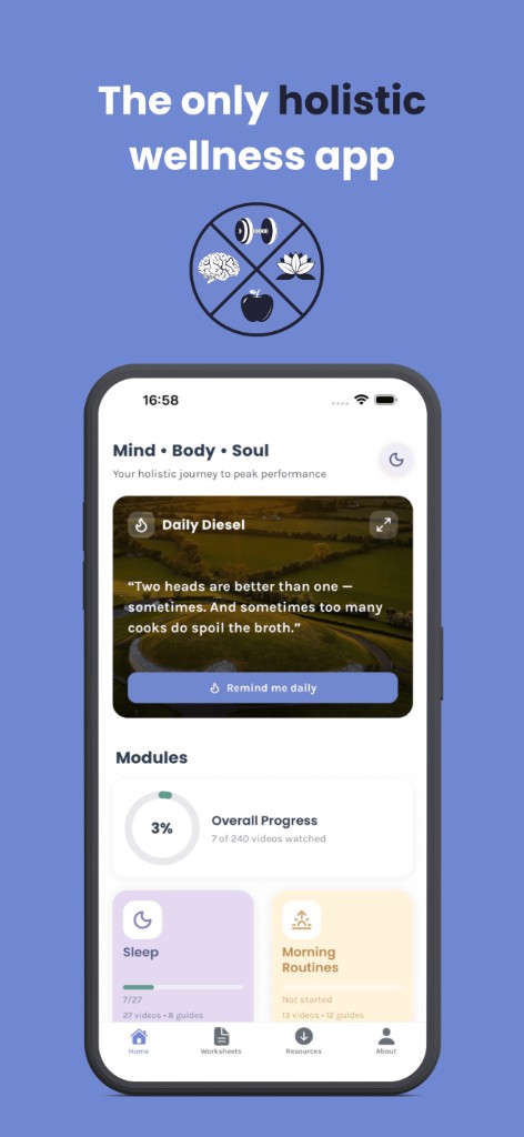 Peak Performance Code holistic wellness app home screen
